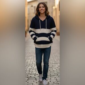 Marled Reunited Company dark blue/white stripes hooded sweater, Medium